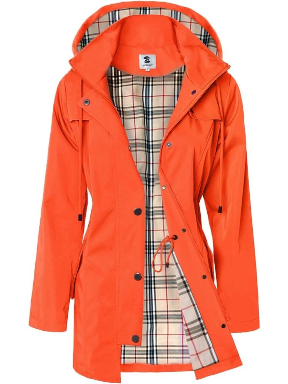 Women's Orange Hooded Plaid Lined Waterproof Drawstring Windbreaker Rain Coat